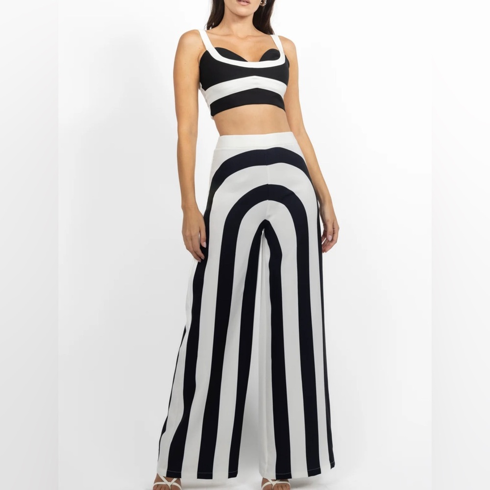 Monochrome Striped Wide Leg Women's Pants